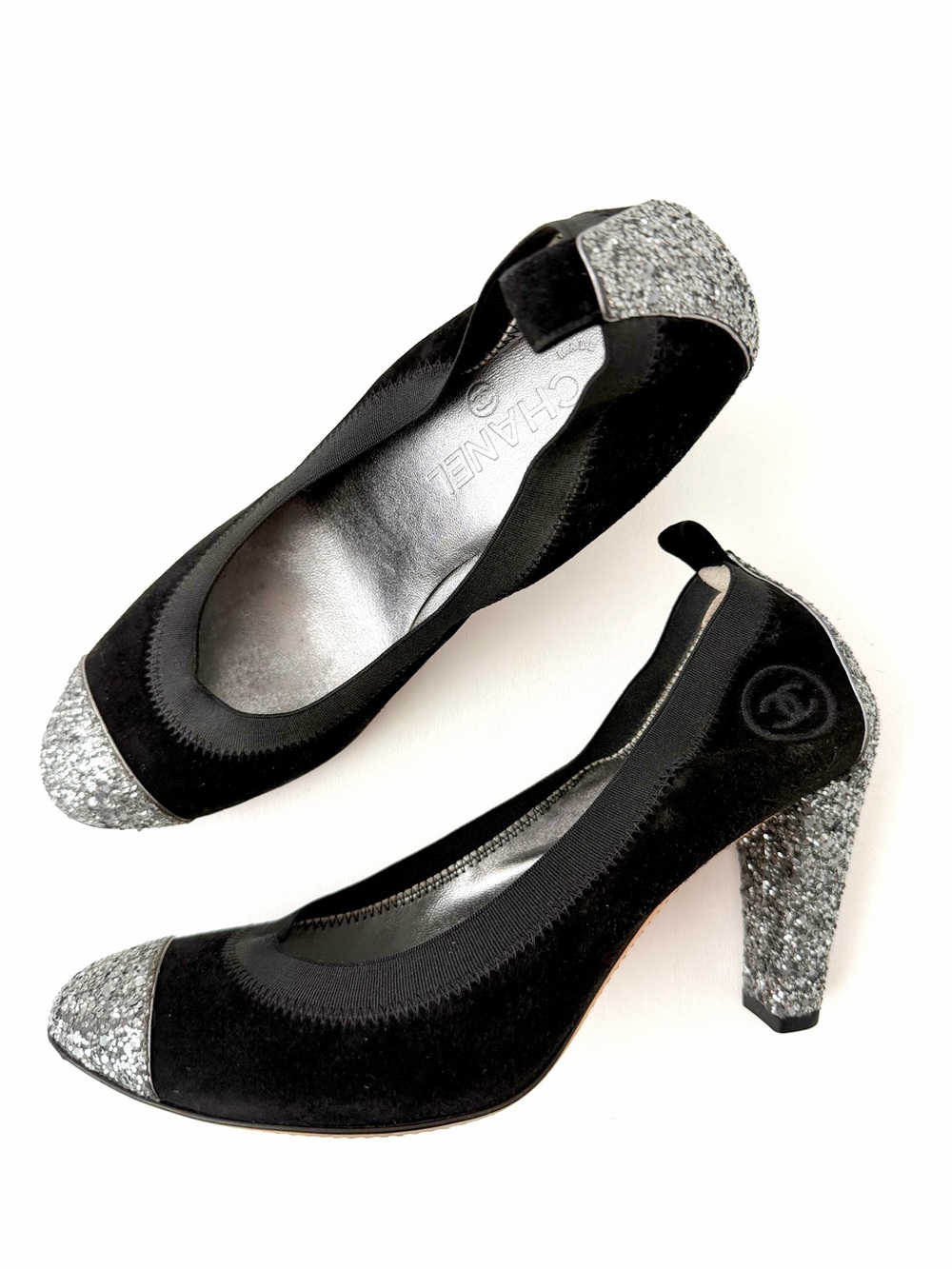 CHANEL | CC Cap Toe Silver Glitter Block Heel Pumps Black Suede EU 40